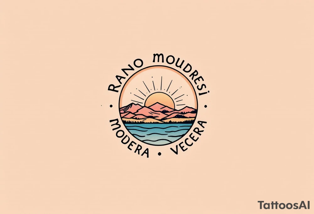 "Rano moudrejsi vecera." — A half-sun, half-moon design in pastel oranges and soft blues, with the phrase circling the horizon line in black. tattoo idea