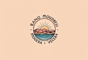 "Rano moudrejsi vecera." — A half-sun, half-moon design in pastel oranges and soft blues, with the phrase circling the horizon line in black. tattoo idea