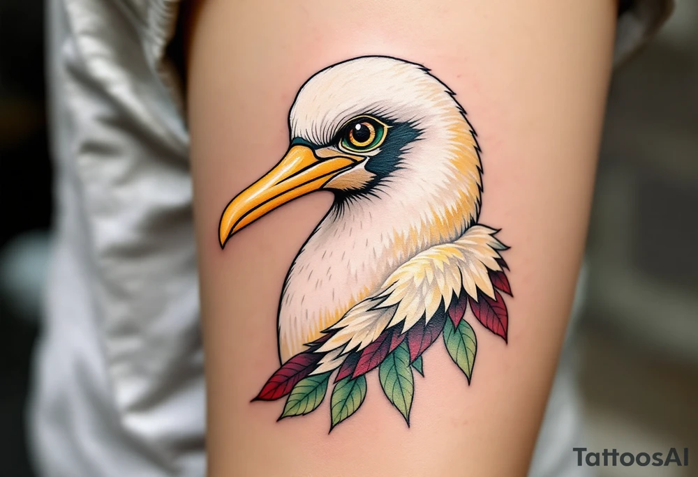 Neo-Traditional Albatross – Bold outlines with soft beige feathers, a rich golden beak, and green and maroon accents around the eyes and wings for modern contrast. tattoo idea
