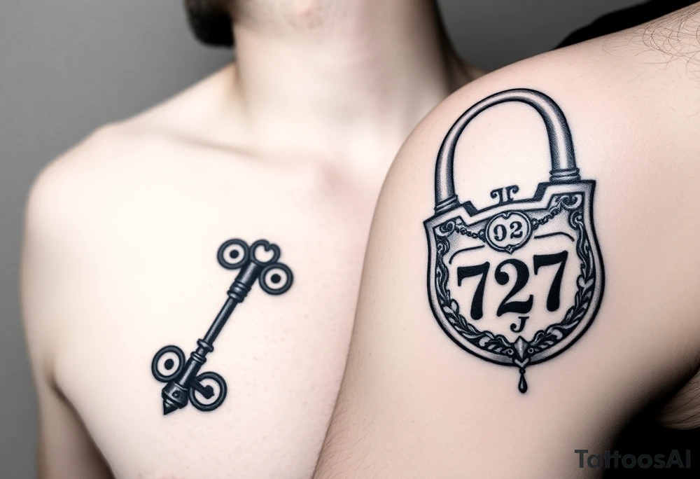 Matching/ connecting tattoos:
Your Tattoo (Key): A skeleton key with an ornate, gothic-style handle. To include your date, the numbers "0727" could be subtly incorporated into the key's teeth. The key design could also feature a small, hidden "J".
His Tattoo (Lock): A heavy, antique-style padlock with intricate etchings. The date "0727" could be carved into the lock's face, with a hidden "T" worked into the metal detail or shadow. A chain could dangle from the lock.
Connecting Element: The key is designed to perfectly fit the lock, symbolizing that you are a perfect match. The key can be placed on your arm, and the lock on his, so that when you link arms, the tattoos come together. tattoo idea