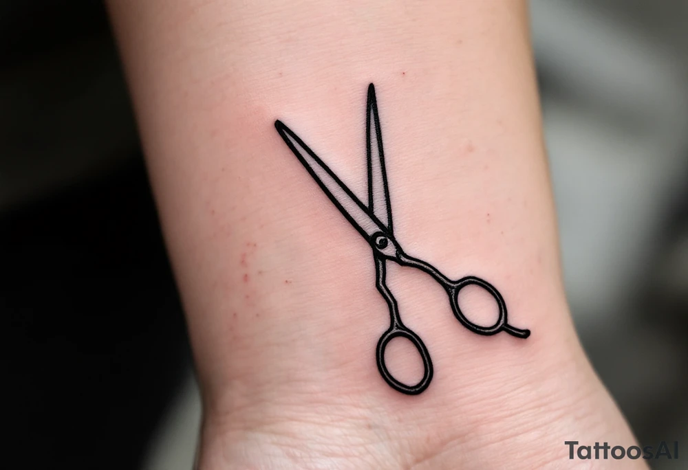 Minimalist Scissors Tattoo – Simple black outline of scissors with a thin, crisp line running through the blades, creating a clean and precise look, perfect for someone who enjoys minimalism and simplicity. tattoo idea