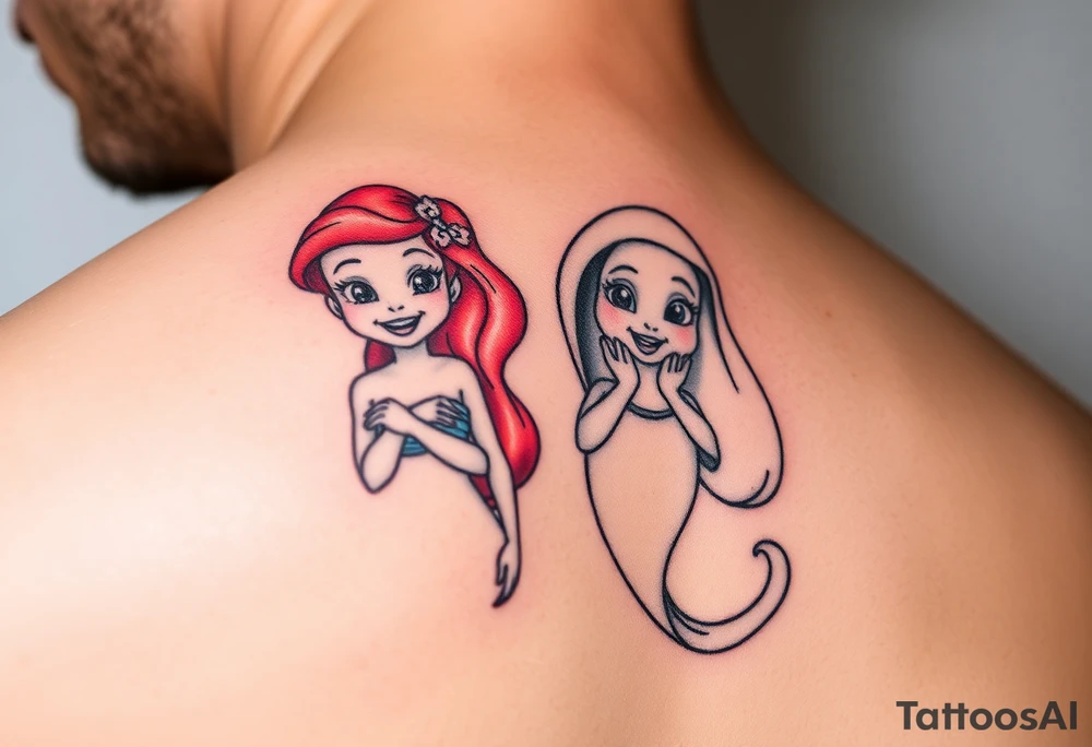 Ariel and Bell standing next to each other, smilling tattoo idea