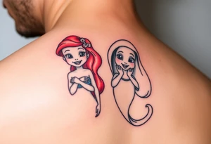 Ariel and Bell standing next to each other, smilling tattoo idea