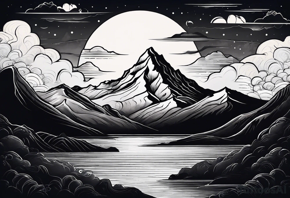 Mountain Range coming Out of the sea and Clouds. Sunrise in Front of it. Half moon and night Sky above the Mountains. tattoo idea
