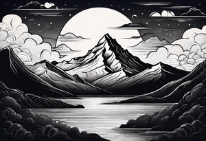 Mountain Range coming Out of the sea and Clouds. Sunrise in Front of it. Half moon and night Sky above the Mountains. tattoo idea