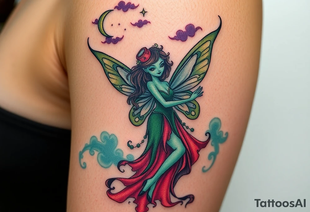 Tim Burton’s kelly doty pin up style Vintage Parisian elegant and hauntingly beautiful yet eerie full body absinthe Green Fairy dances outside her victorian crystal decatur she was once inside this elaborate ornate bottle absinthe bottle Absinthe Art Nouveau   and dripping with muted reds, dusty pinks, and eerie green glow.purple and cyan smokey clouds swirl in the crescent moonlit sky thats sprinkled with stars tattoo idea