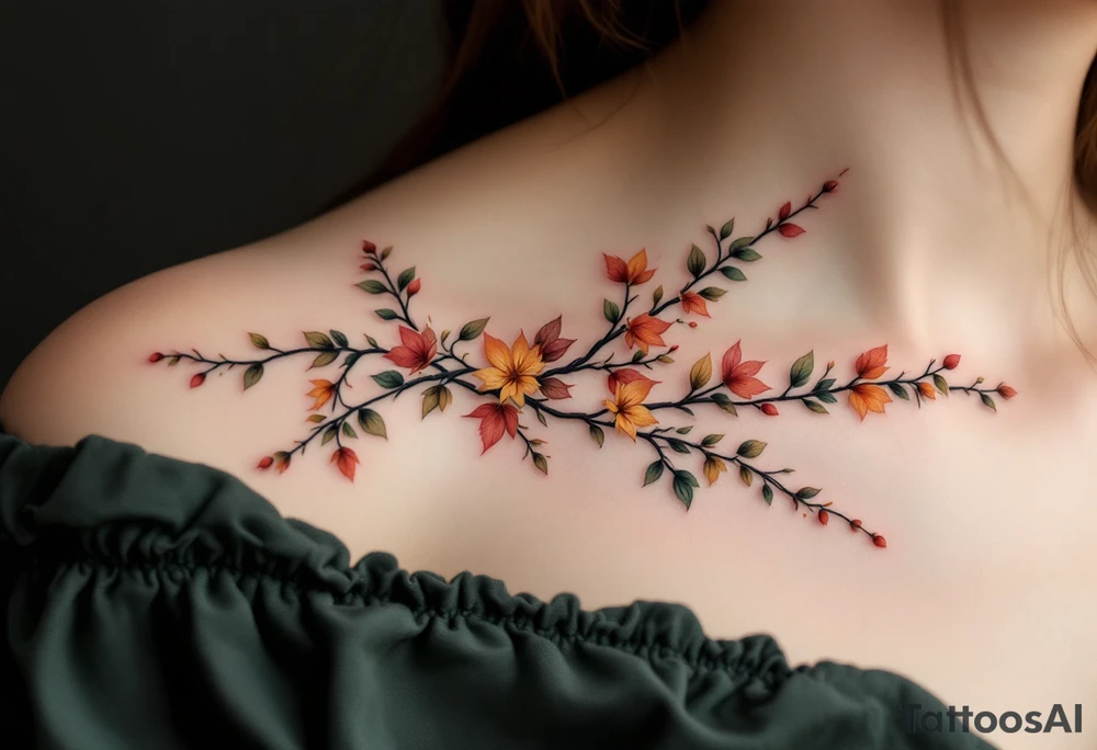 Two separate collarbone tattoos of long, stems and branches covered with red, orange, yellow and dark forest green leaves and flowers, fall themed, muted, delicate and gentle but moody, long and thin, following the collarbone. tattoo idea