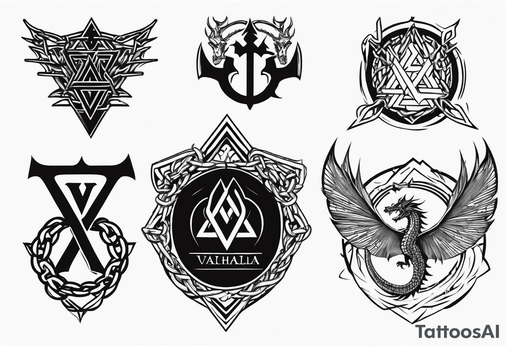 Valhalla sword shield axe barbed wire chains valknut fire dragon tattoo idea Valhalla sword shield axe barbed wire chains valknut fire dragon tattoo idea