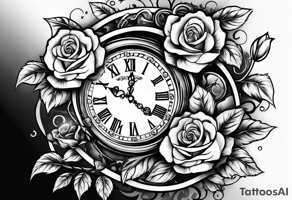 Pocket clock with chain and roses tattoo idea