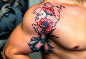 War zone with 2 poppy’s growing out of the smoke with dog tags laying on the ground tattoo idea