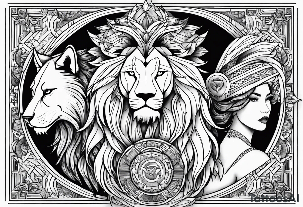 Lion,  wolf, lady and phoenix tattoo idea