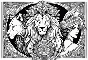 Lion,  wolf, lady and phoenix tattoo idea