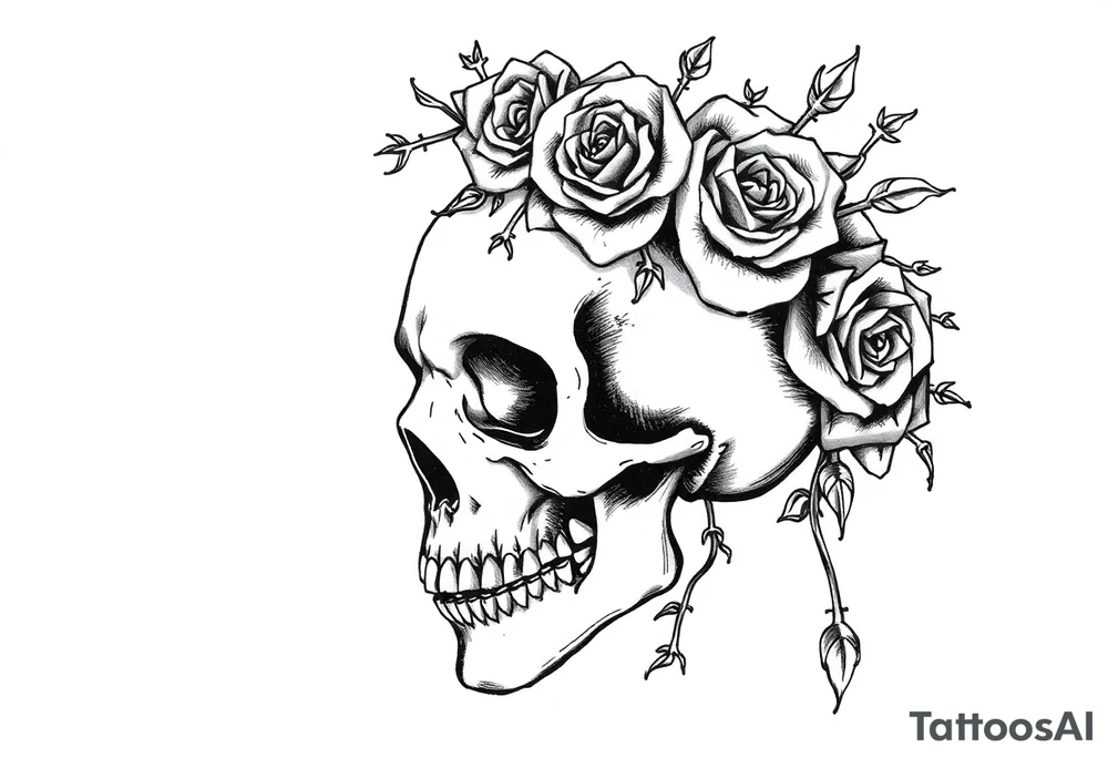 ornate skull adorned with crown of wild roses and thorns tattoo idea