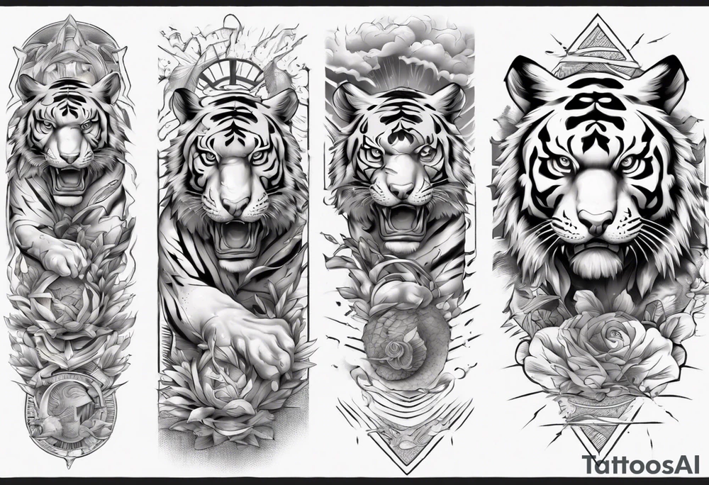 Ancient tiger with lightning and a sun for a forearm sleeve. With patterns surrounding it tattoo idea