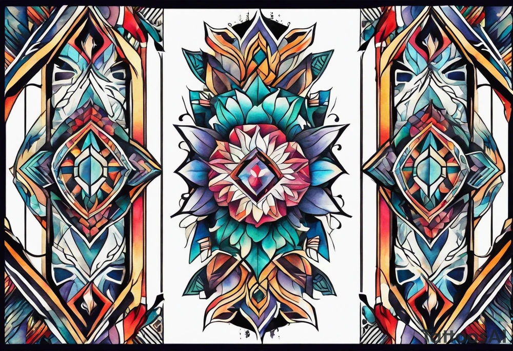 Bold geometric tapestry trident in colour on arm tattoo idea