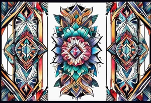 Bold geometric tapestry trident in colour on arm tattoo idea
