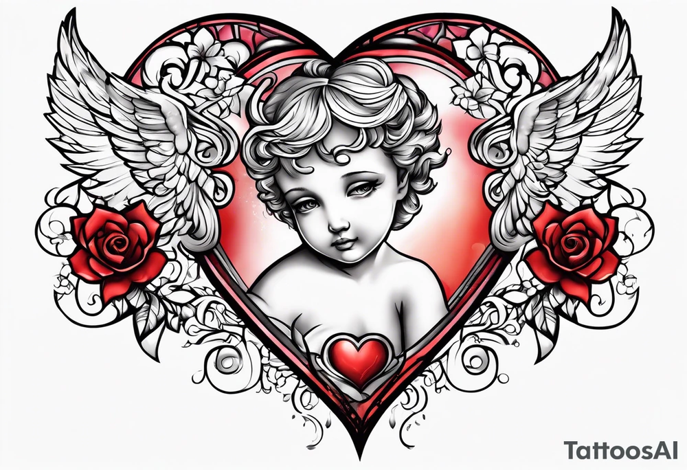 a cherub a heart and the word love tattoo idea