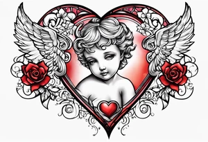 a cherub a heart and the word love tattoo idea