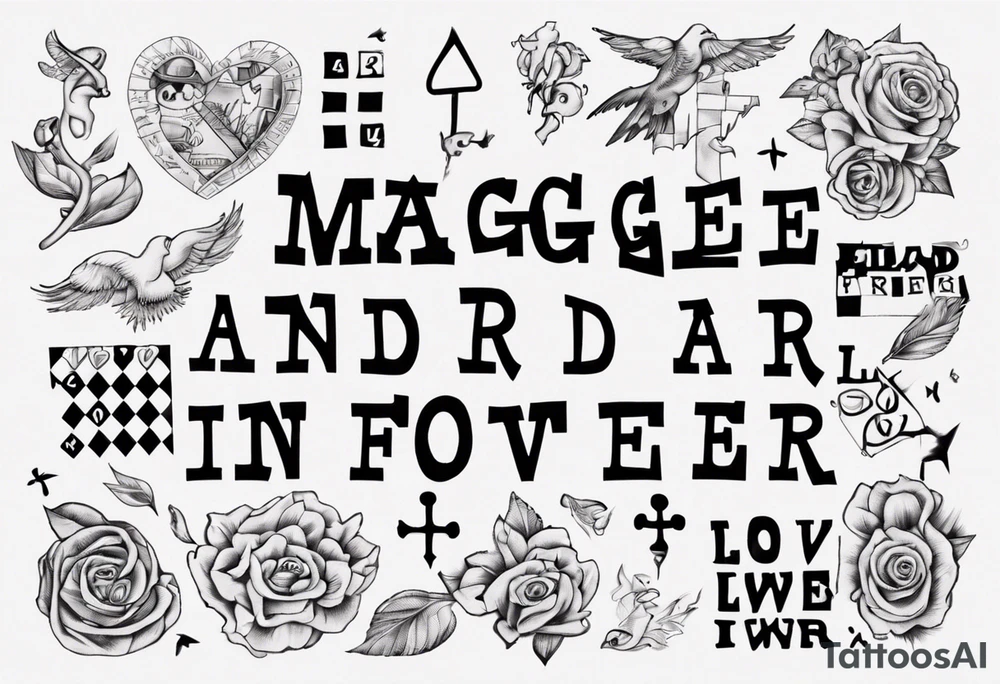 The words Maggie and Lucas and Love and Forever in a crossword puzzle tattoo idea