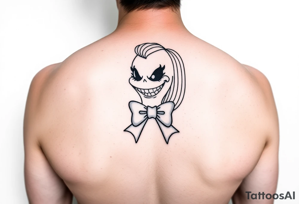 Female oogie boogie with a bow simple linework only tattoo idea