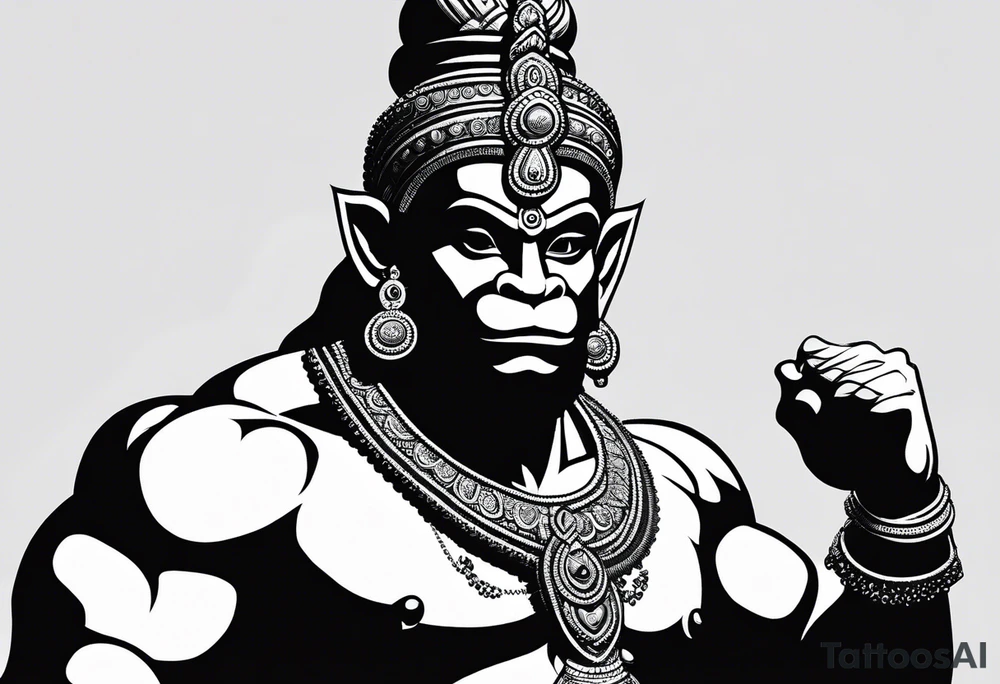 A simplified depiction of Hanuman, focusing on clean lines and minimal detail to capture his essence. Key features like his face, his mace (gada), and his posture could be subtly defined, without overwhelming detail. Avoid intricate textures, focusing more on silhouette and key symbolic elements. tattoo idea