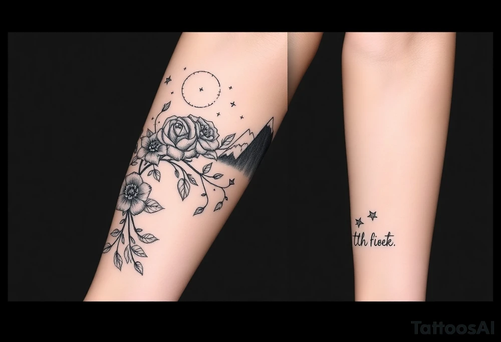 Roses wild flower vines with moon and stars mountains wrap around arm forest tattoo idea