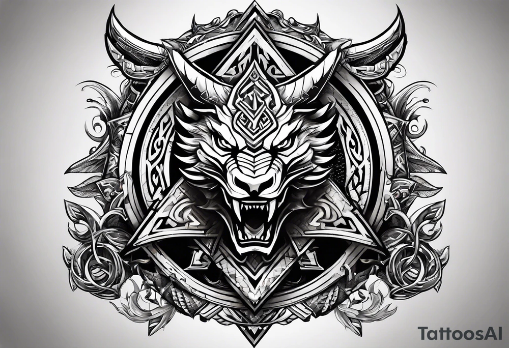 Valhalla sword shield dragon head axe Valknut tattoo idea