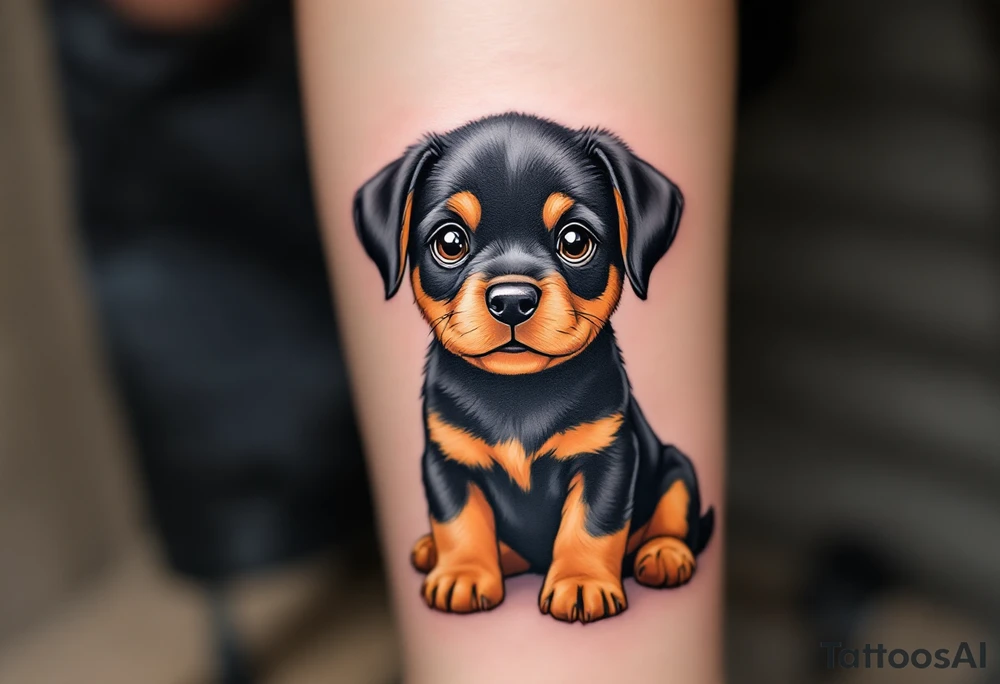 Rottweiler Puppy Tattoo – A sitting Rottweiler puppy with floppy ears and wide, curious brown eyes. Full color with soft shading on the fur and cute tan markings. tattoo idea