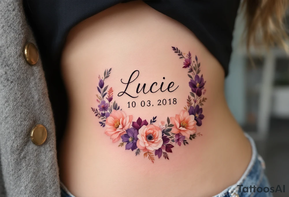 Lucie 10. 03. 2018) – A rosy peach and deep purple floral wreath, wrapping around Lucie's birthdate, with gold filigree detailing. tattoo idea