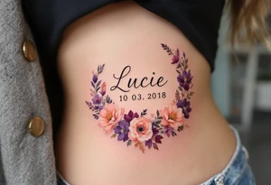 Lucie 10. 03. 2018) – A rosy peach and deep purple floral wreath, wrapping around Lucie's birthdate, with gold filigree detailing. tattoo idea