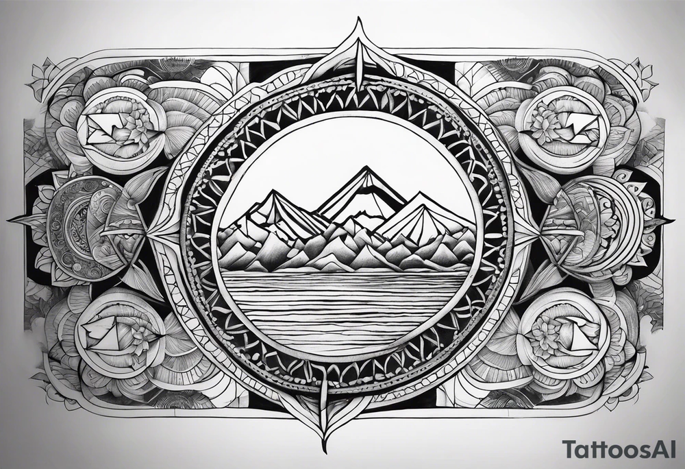 Rectangular arm tattoo around whole upper arm. Mandala inspired Design. Mountains, sea, Sky and moon are depicted. But everything seems to be upside down tattoo idea