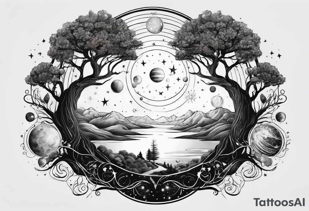 psychology theme, tree of life, milk way galaxy, planets tattoo idea