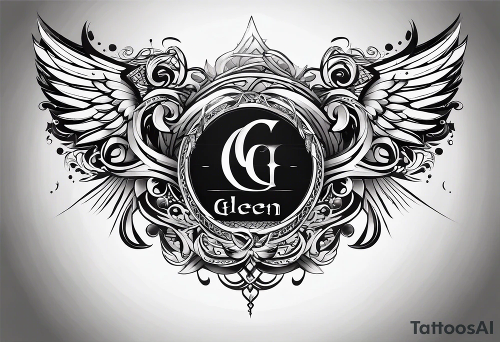 Simple tattoo with the word Glenn on a banner and angel wings tattoo idea