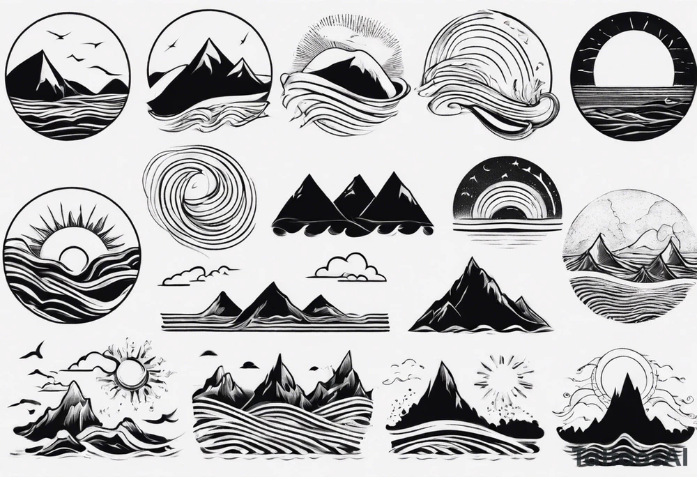 mountains, beach, waves, sun tattoo idea