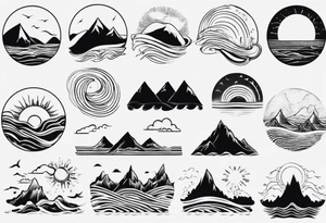 mountains, beach, waves, sun tattoo idea