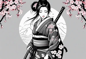 Katana vertical with cherry blossoms and shadow kanji tattoo idea