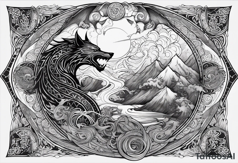 Full sleeve and pectoral tattoo showing the epic battle of ragnarok. It should include a scene between Thor, the god of thunder versus Jörmungandr the serpent as well as Odin all father and Fenrir the wolf. Place a Viking compass in the middle of the pectoral tattoo idea