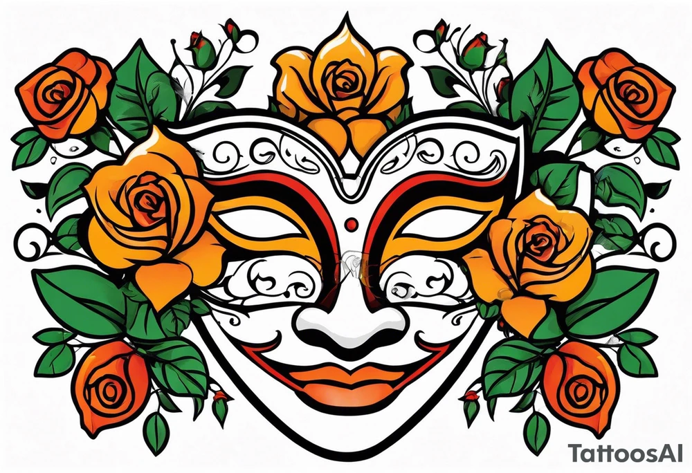 Laughing Male masquerade mask with orange and red roses tattoo idea