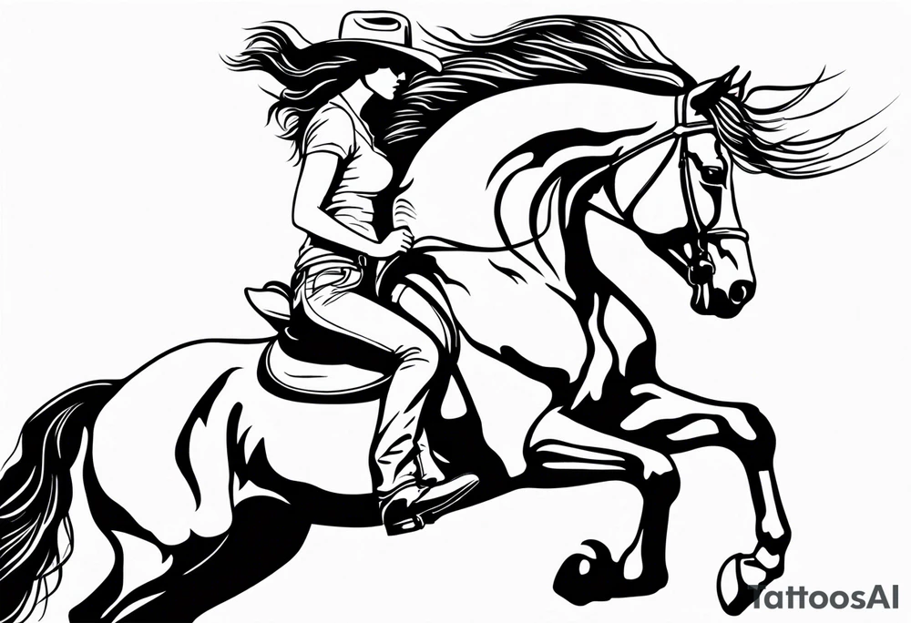 cowgirl with long hair on the back of wild black stallion that is rearing up on hind legs trying to buck her off tattoo idea