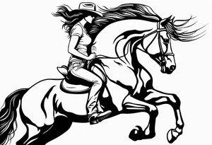 cowgirl with long hair on the back of wild black stallion that is rearing up on hind legs trying to buck her off tattoo idea