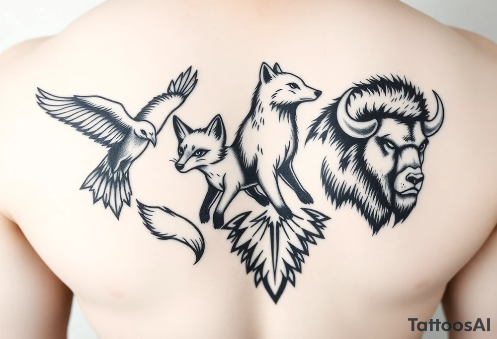 4 animals in a totem order, no space between them. An eagle, a fox, a bear and a bison. Black and white tattoo with fine clear but strong lines. It should show character and toughness. Light shadowing and pen/pencil type of illustration. 
It's for a group of siblings which will have the same tattoo (different order top to bottom) tattoo idea