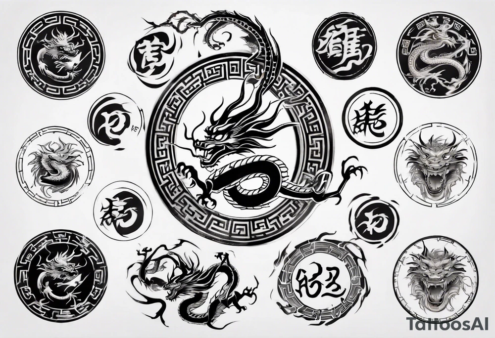 Chinese dragon in a circular shape with "02.03" written on its skin tattoo idea
