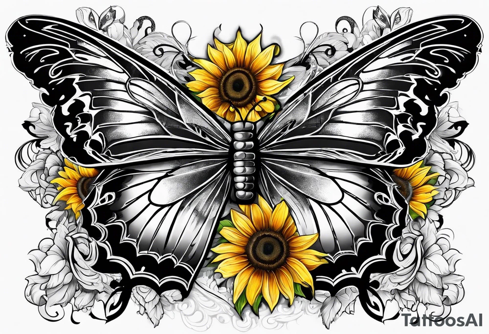 Winged cross with sunflower and butterflies tattoo idea