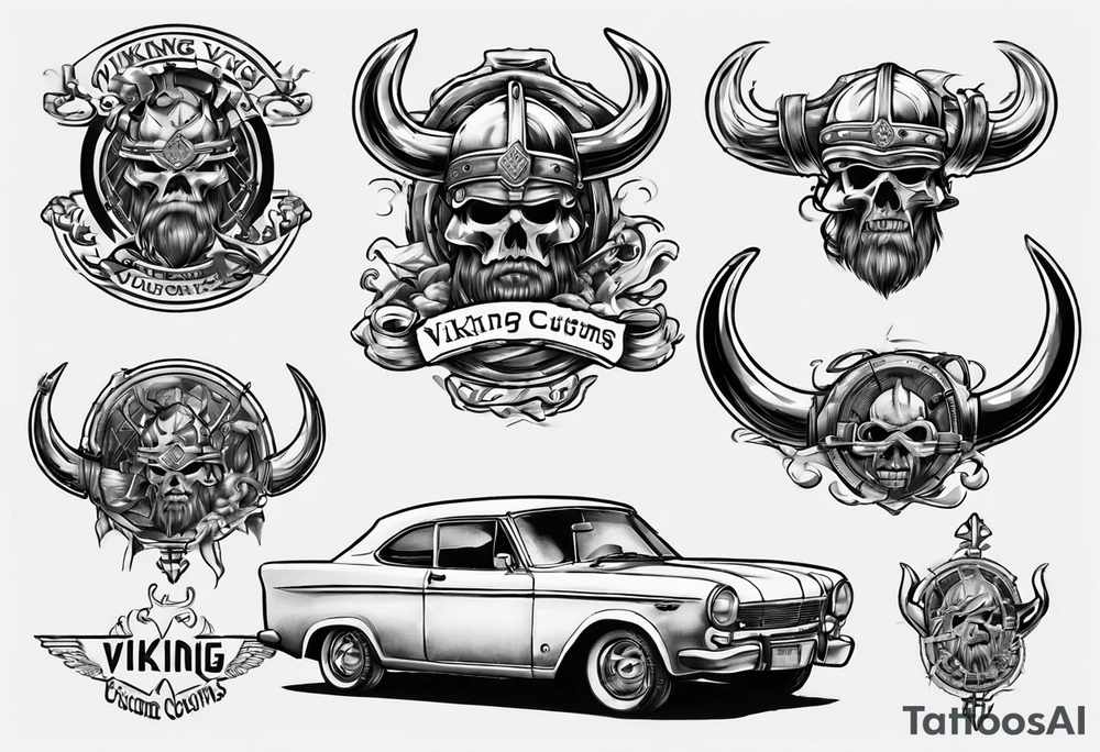 Create a tattoo design of my company called “Viking Customs” i want the name in the tattoo with an old classic vintage car tattoo idea