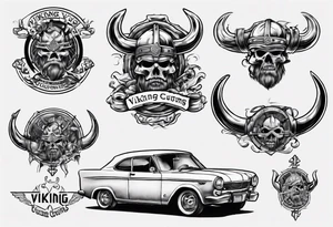 Create a tattoo design of my company called “Viking Customs” i want the name in the tattoo with an old classic vintage car tattoo idea