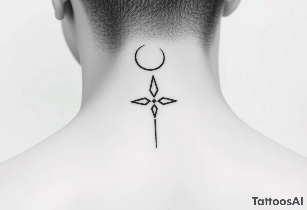 A minimalist crescent moon neck tattoo with a sleek, modern design. The crescent moon is positioned at the top, curving to the left, with a thin, clean line. Below the moon, there is a vertical line intersected by a sharp, star-like shape with four points. The star shape has elongated top and bottom points, giving it a clean, symmetrical look. The tattoo is placed behind the ear, following the natural curve of the neck. The lines are crisp and delicate, creating a stylish, celestial vibe." tattoo idea
