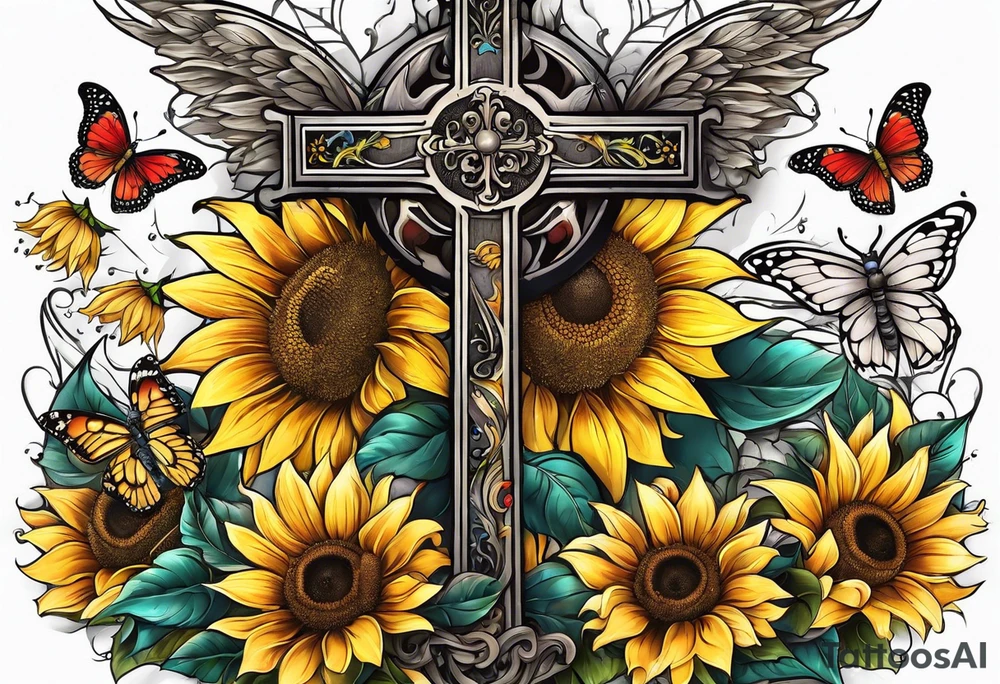 Winged cross with sunflower and butterflies tattoo idea
