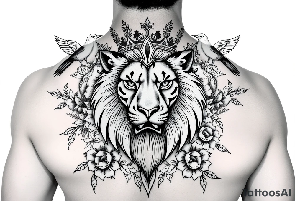 powerful majestic lion with a crown, surrounded by floral ornaments and birds tattoo idea