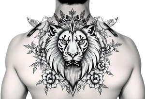 powerful majestic lion with a crown, surrounded by floral ornaments and birds tattoo idea