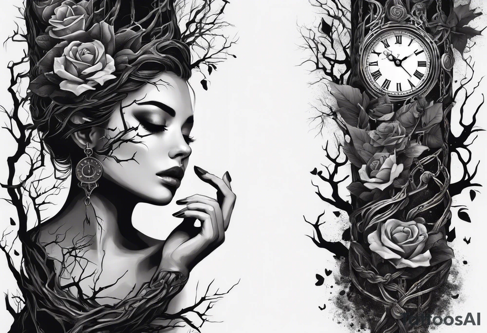 tattoo sleeve, tree roots break out of the chains at the bottom of the hand, Symbolizing loss, an image of a broken mask, Clock with flying numbers, girl, skull, roses tattoo idea